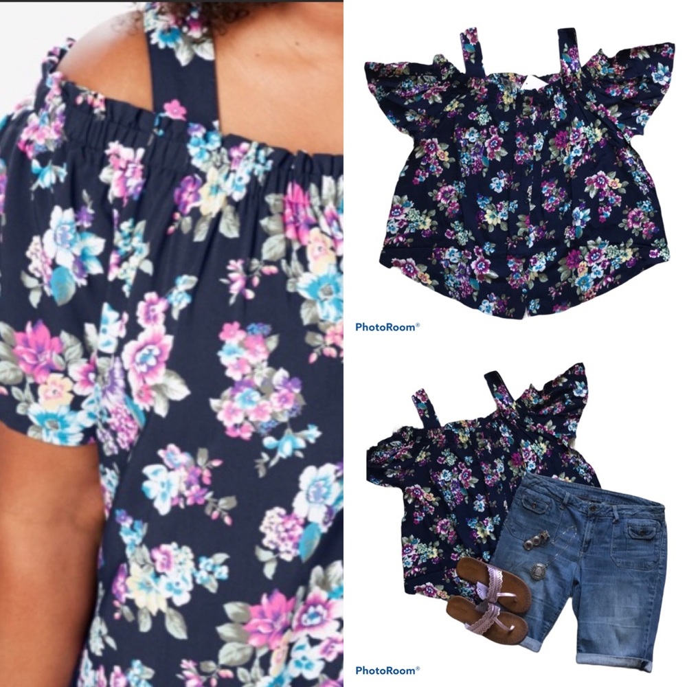 Woman Within Adjustable Cold shoulder Floral Navy blue blouse top button front - Picture 2 of 11